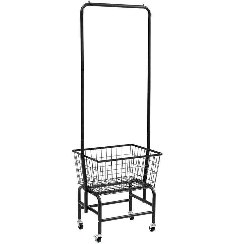 White iron pulley storage car with a single hanging rod for wardrobe organisation.