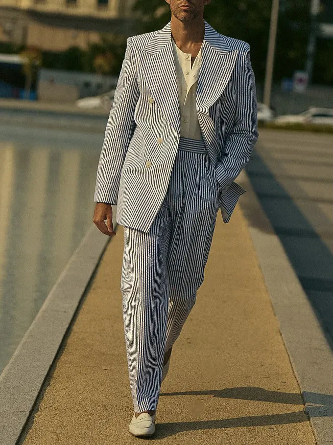Blue and white striped polyester suit set including blazer and trousers for men