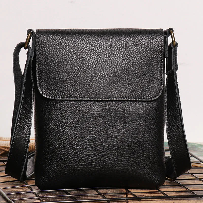Retro genuine leather messenger bag for men solid colour black daily use