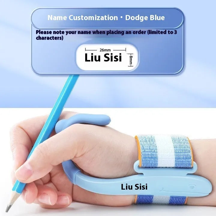 Blue Anti-hook Holder Pen Control Corrector wrist brace on a hand holding a pencil.