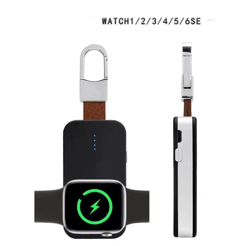 Black Apple Watch wireless charging power bank on a keyring