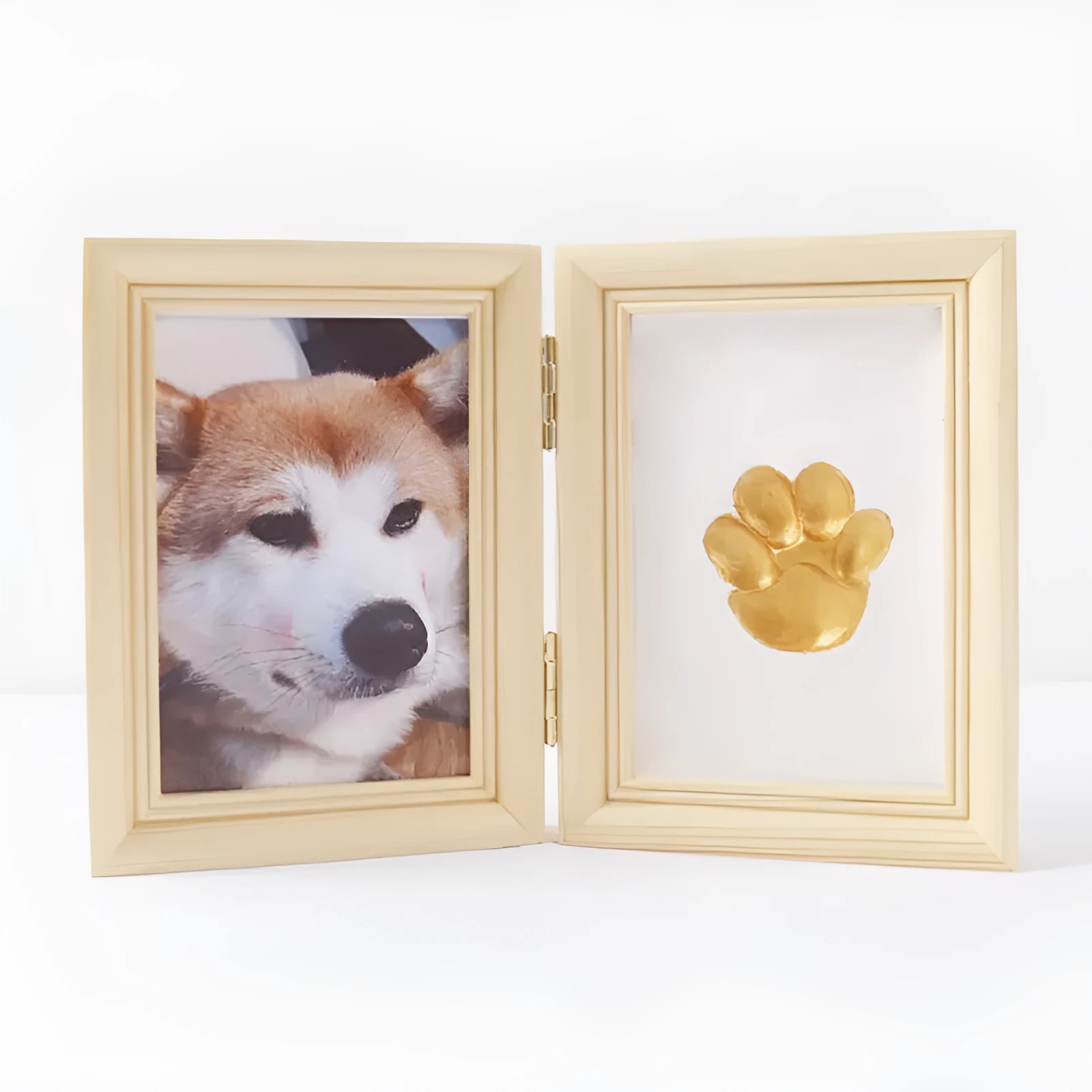 Solid wood cat palm print photo frame with gold lacquer and seal paste kit on table