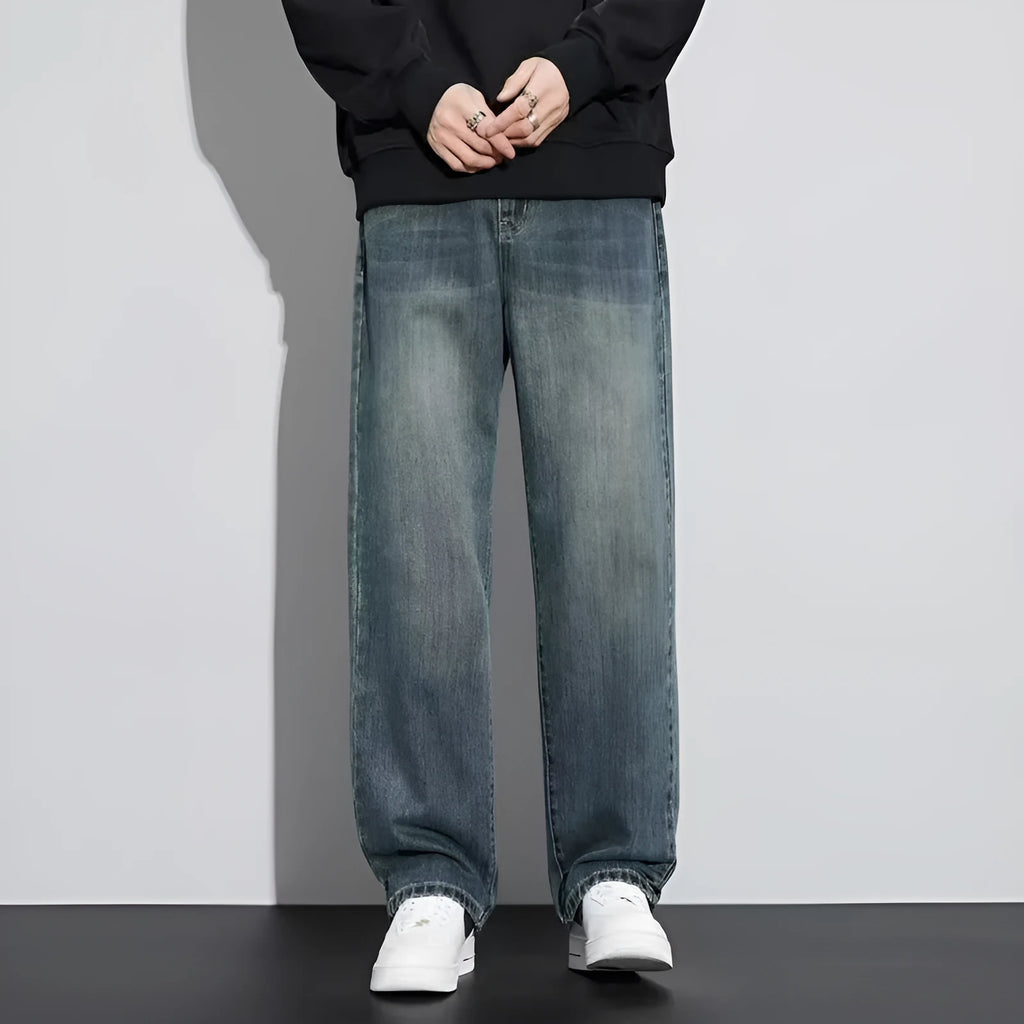 Retro nostalgic straight jeans for men in retro blue colour, cotton fabric, straight leg cut