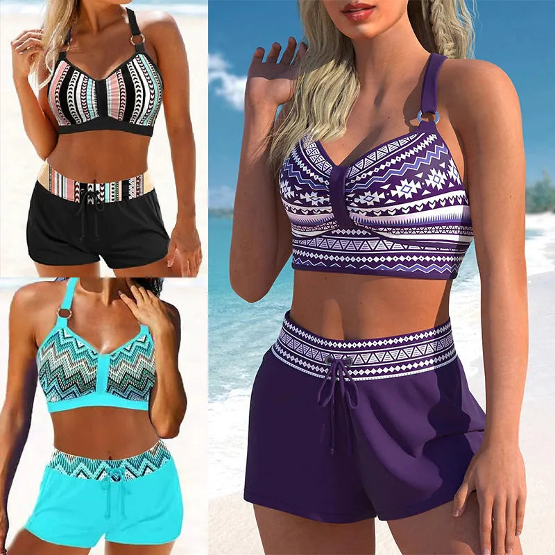 Women's navy blue and printed polyester two-piece bikini set for hot spring use