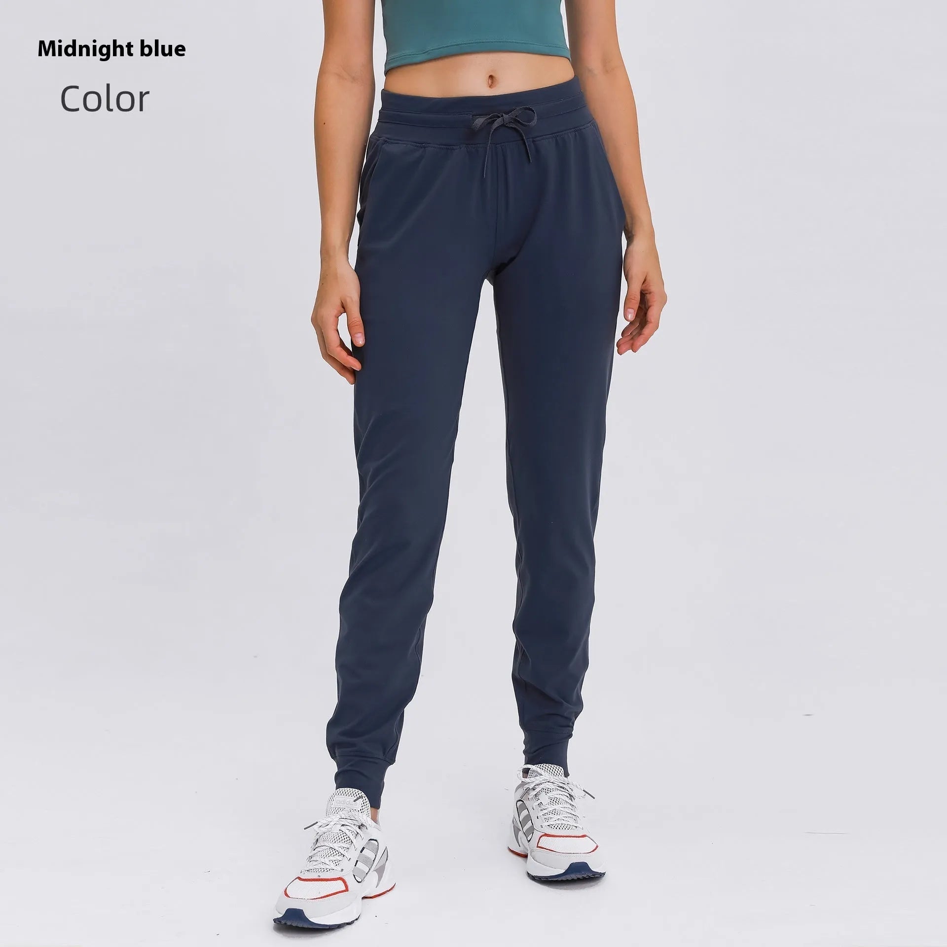 Women's high waist yoga pants with drawstring in Belgian Blue colour