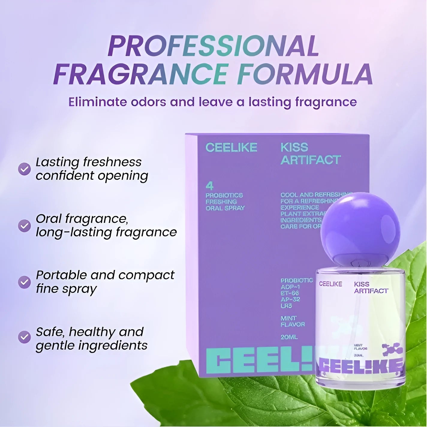 20ml probiotics oral care spray bottle with compact 4.7cm x 4.7cm x 10cm dimensions