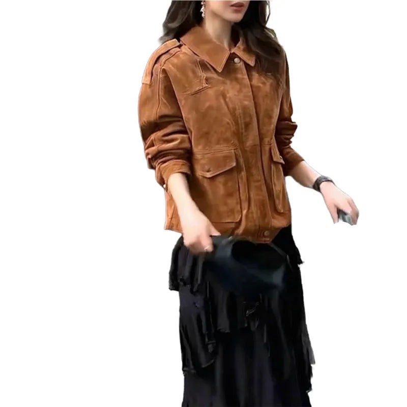 Women's brown polyester suede coat with regular sleeves on a hanger.