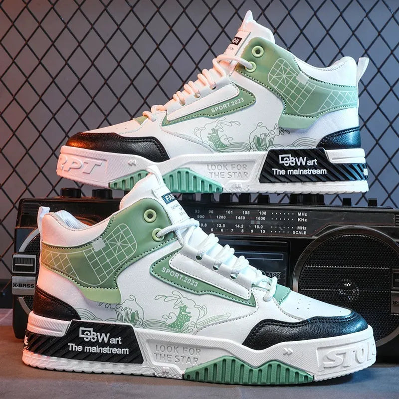 Men's beige high-top board shoes with white rubber sole and lace-up front.