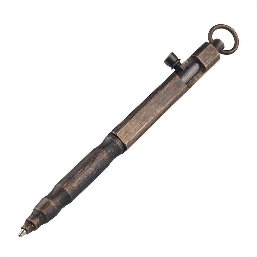Brass tactical pen with hexagonal bolt design in natural brass colour or retro black finish