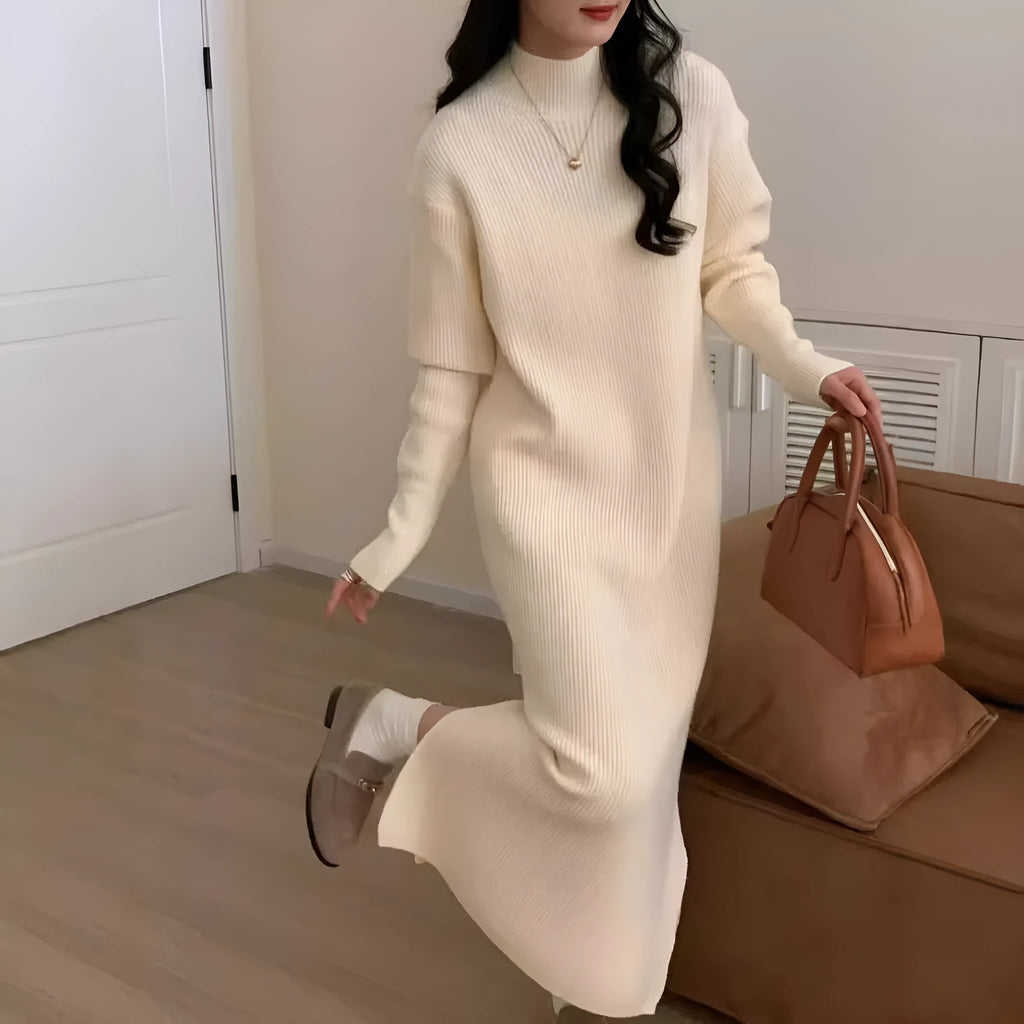 Acrylic knit high waist mid-length dress in solid colour with long sleeves.
