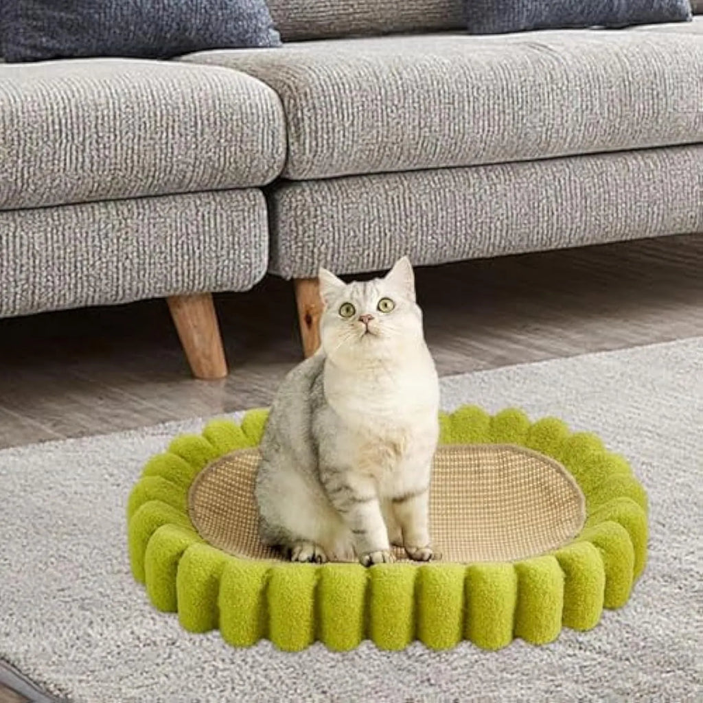 Green oval cat scratching pad with sisal surface measuring 65cm long, functioning as both scratcher and lounger bed
