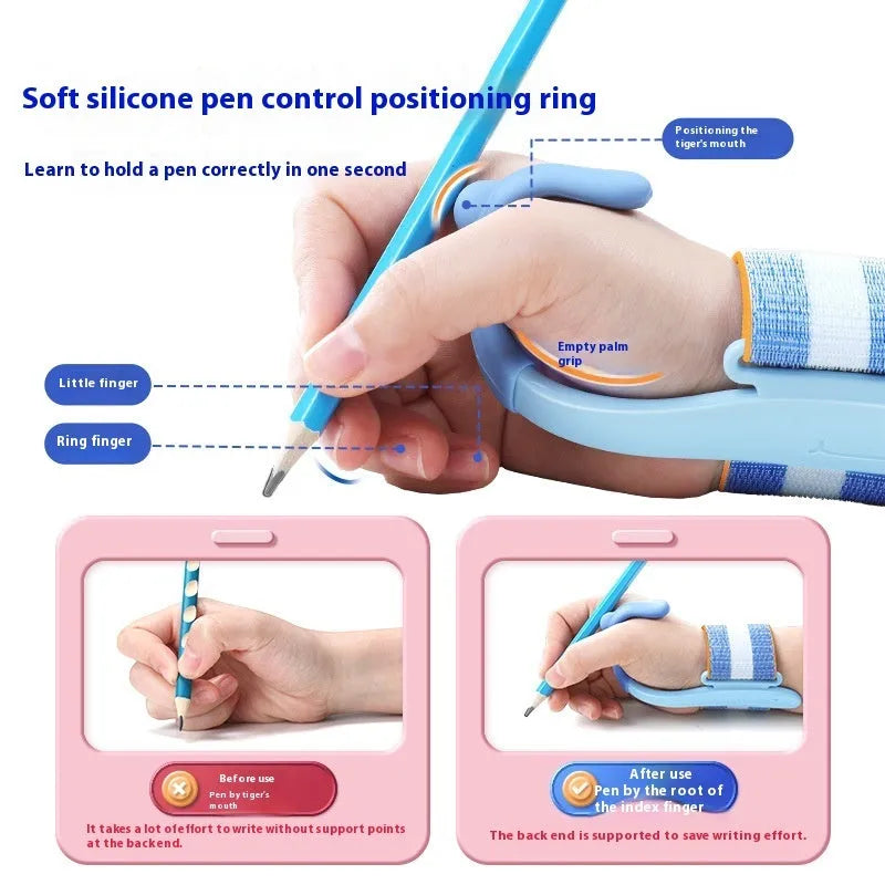 Blue Anti-hook Holder Pen Control Corrector wrist brace on a hand holding a pencil.