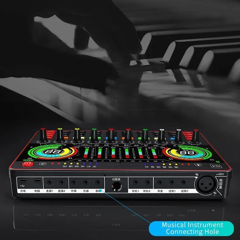 G4 professional singing sound card mixer with LCD screen, control knobs, and included microphone and cables.
