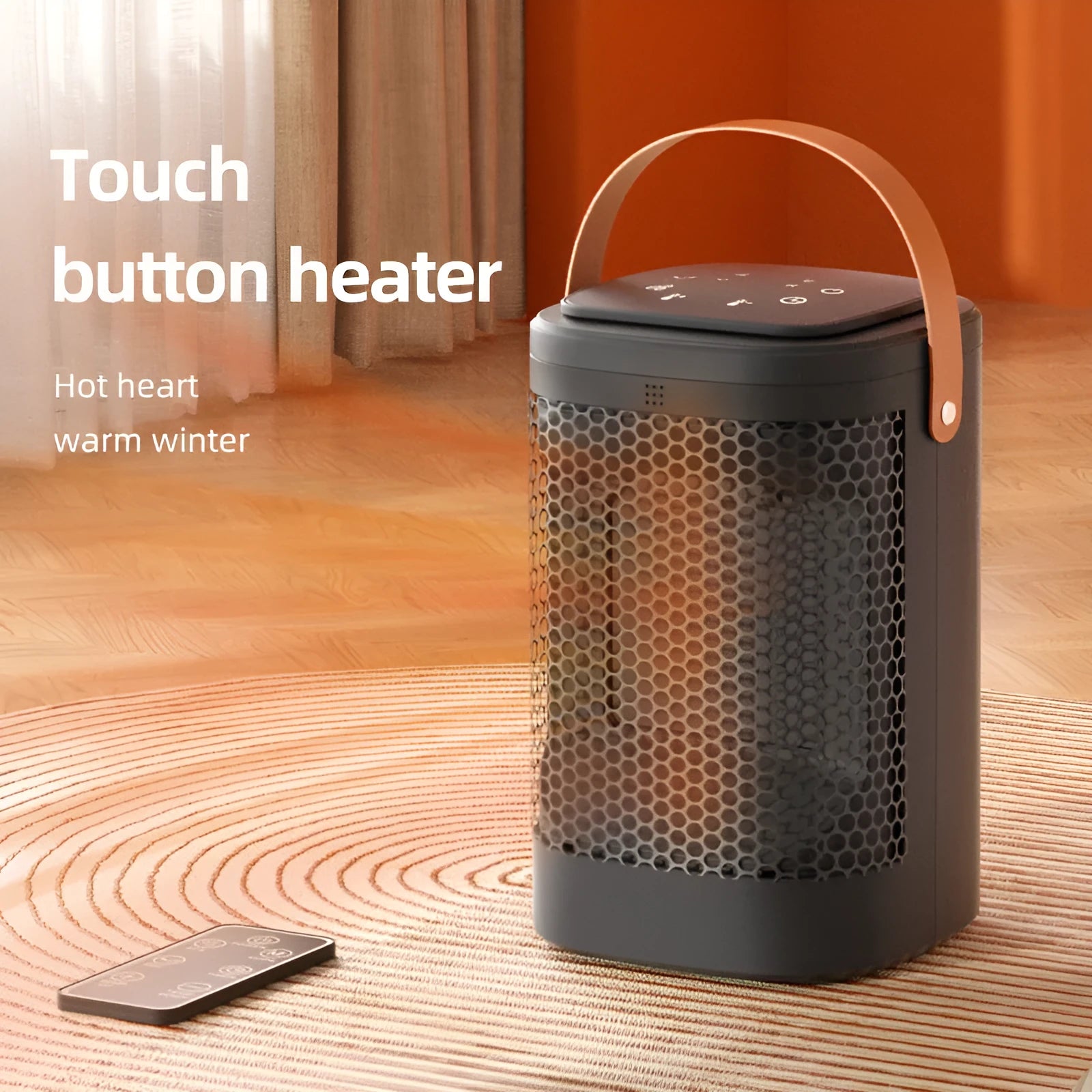 White PTC electric radiator with digital touch screen display and remote control for room heating and cooling.