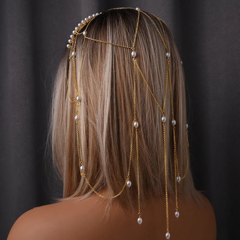 Gold or silver electroplated mesh hair chain with pearl tassel decoration for women