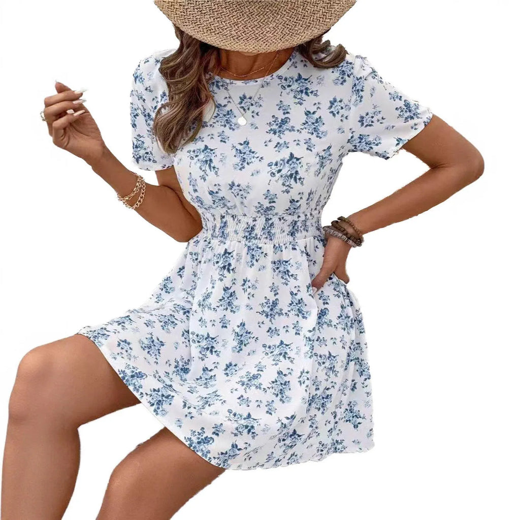 Light blue women's A-line dress with high waist and midi length