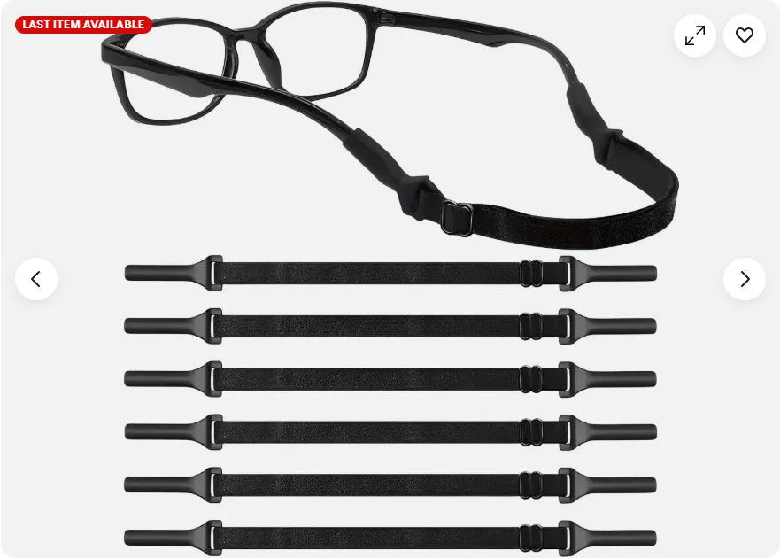 Black adjustable glasses anti-slip cord with silicone end hooks for earpieces.