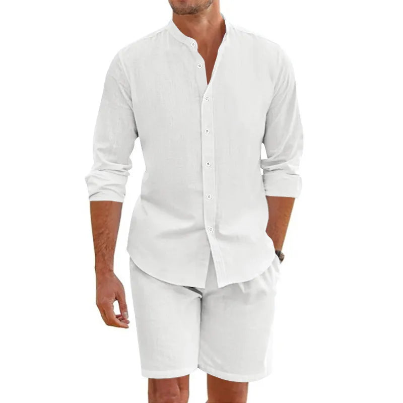 Men's linen blend summer suit set showing short sleeve lapel shirt with matching drawstring shorts in dark grey colour
