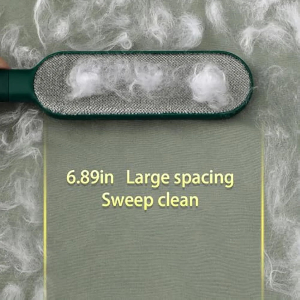 A reusable double-sided plush pet hair remover brush with a storage box base, shown in blue.