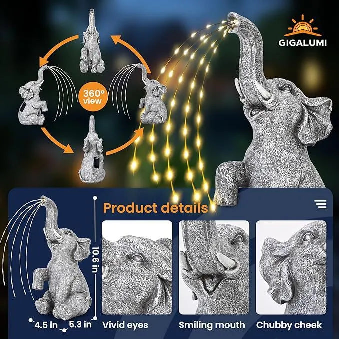 Resin elephant outdoor garden sculpture with realistic detailing and integrated LED lighting strip