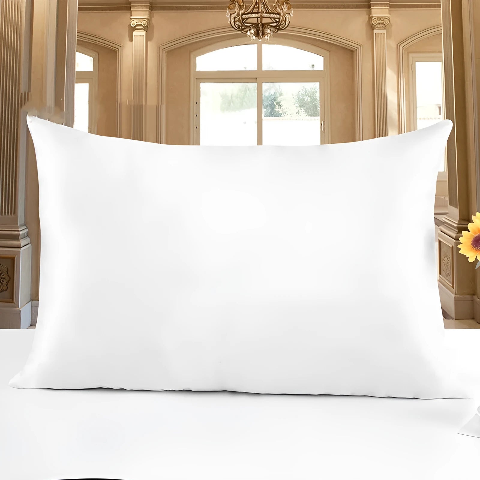 Double-sided 19 M silk pillowcase in apricot colour, showing smooth satin weave texture.