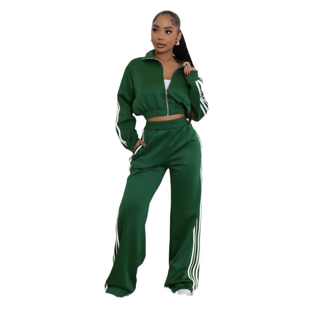 Street hipster two-piece striped suit set with top and trousers in polyester fabric