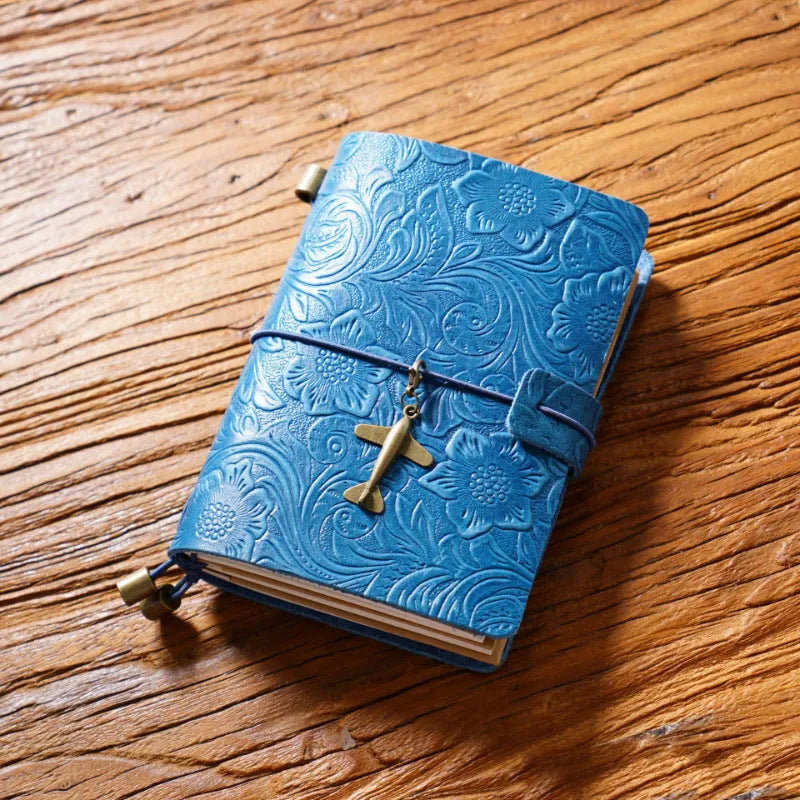 Creative vintage engraving cowhide travel notepad in black A5 size with genuine leather cover
