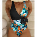 Women's high waist one-piece bikini swimsuit in printed black or white pattern