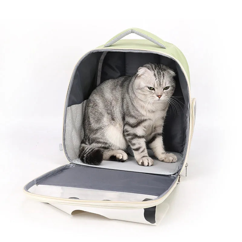 Large capacity PU PVC pet backpack in beige, for outdoor travel with a cat