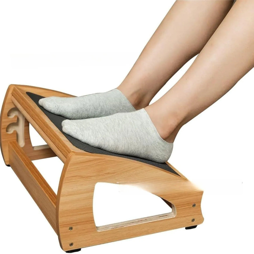 Natural wood colour bamboo adjustable office desk footstool for adult ergonomics.