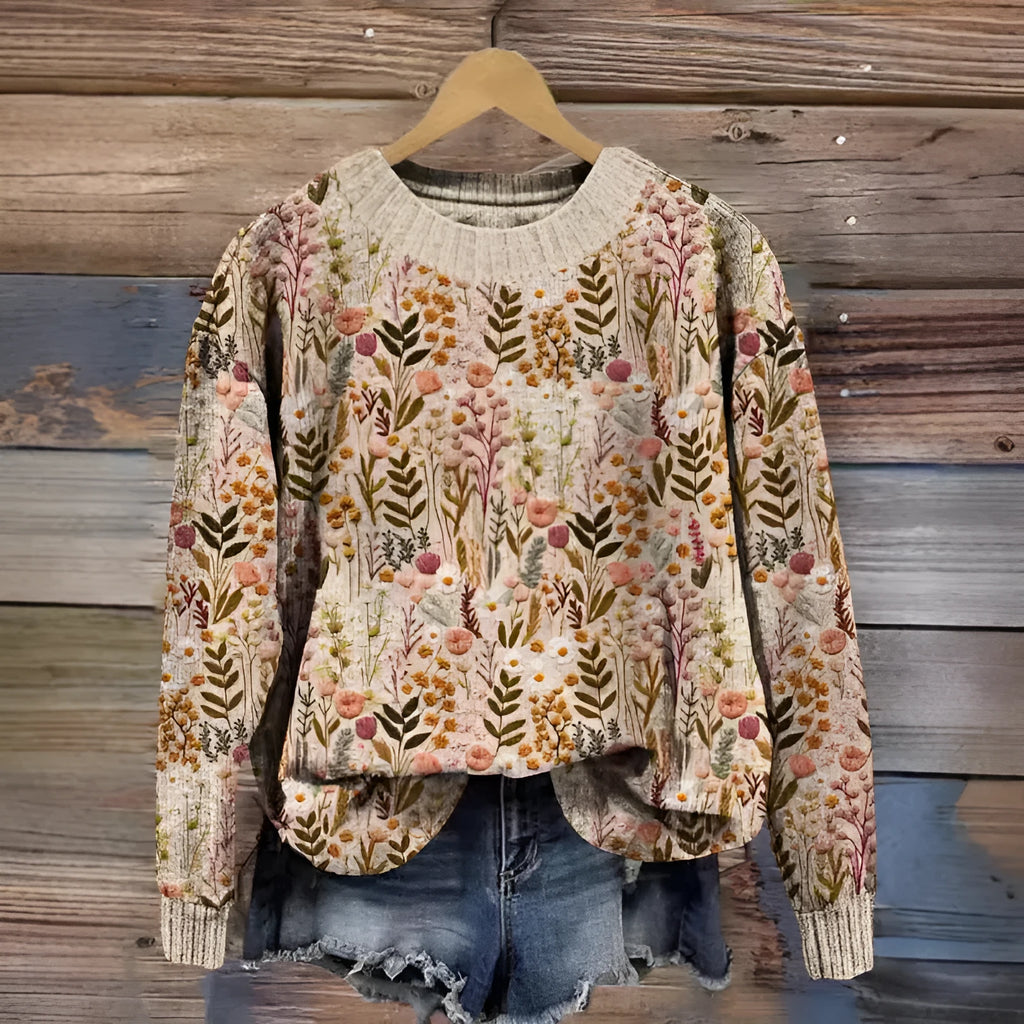 Women's digital printed floral pattern round neck sweater in polyester fabric