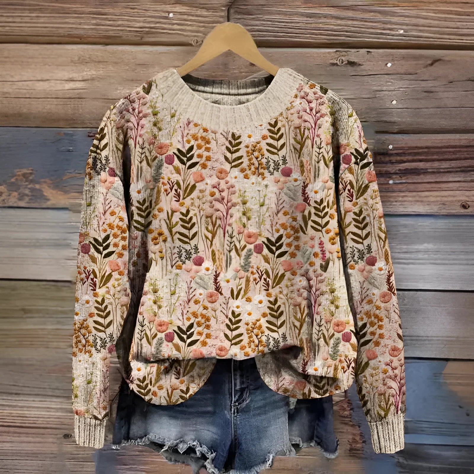 Women's digital printed floral pattern round neck sweater in polyester fabric
