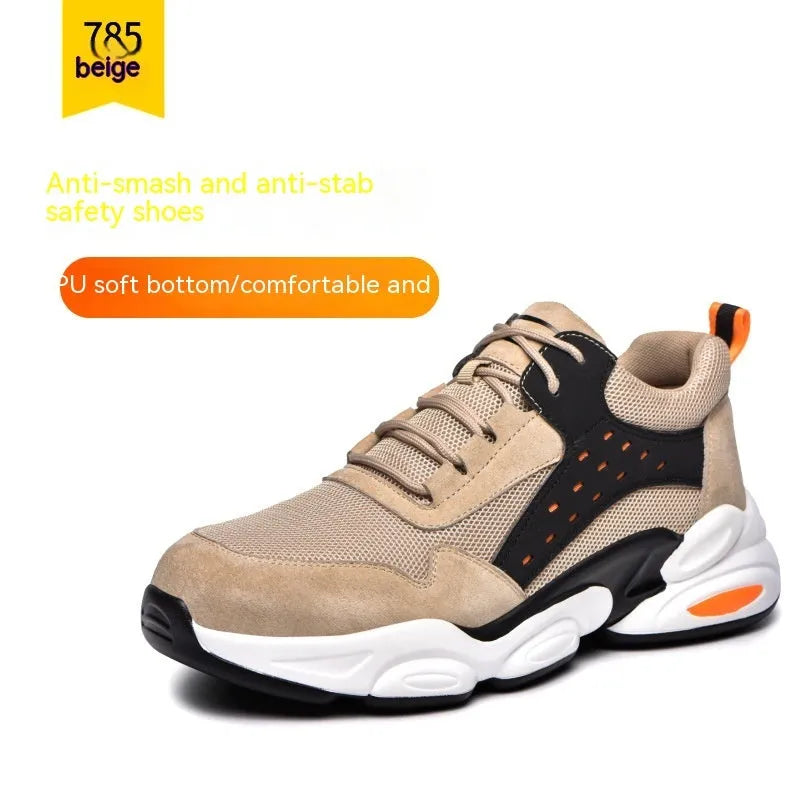 Mesh breathable safety shoes with flyknit upper in black, grey, or beige colours