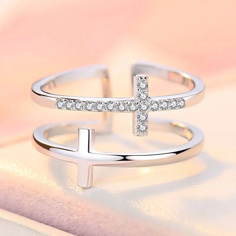 Women's adjustable copper ring with double cross design and zircon stones in white gold finish