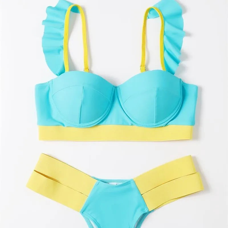 Women's contrasting colour bikini set with steel bracket push-up support, shown in rose red, black, peacock blue, and blue.