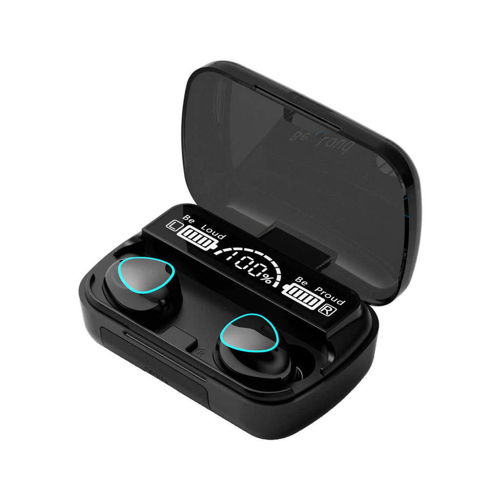 Black sports Bluetooth stereo earphone with digital display charging cabin, magnetic charging, and in-ear design