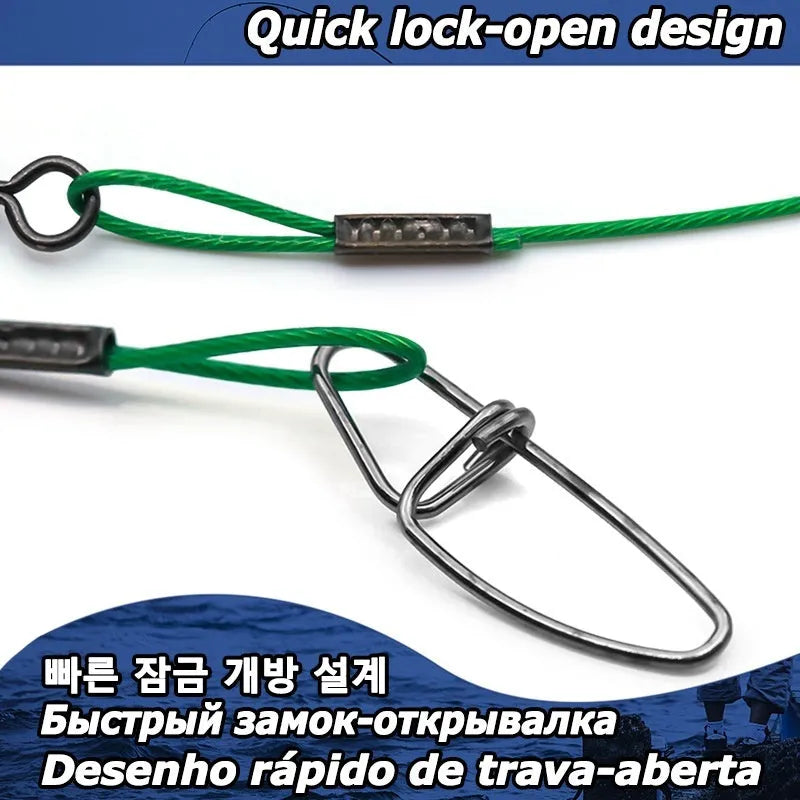 Set of 10 anti-bite steel wire fishing accessories with double buckle pins in black, green, and red colours
