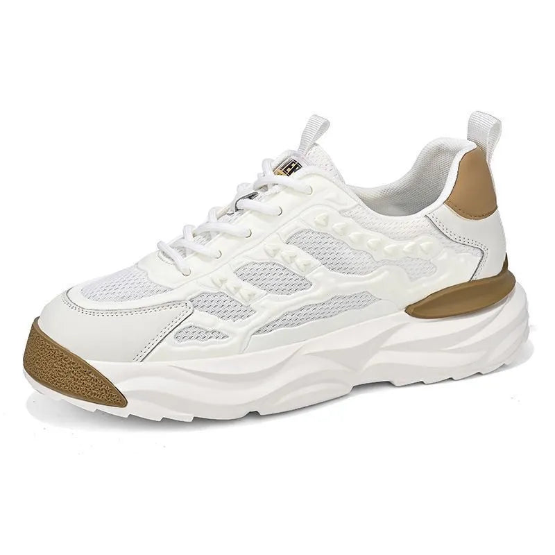 Men's breathable mesh shoes in white or black with round toe and PU construction