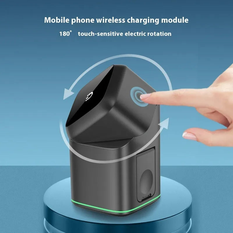 Black and silver mobile phone magnetic wireless charging stand showing 180-degree rotation on a desk.