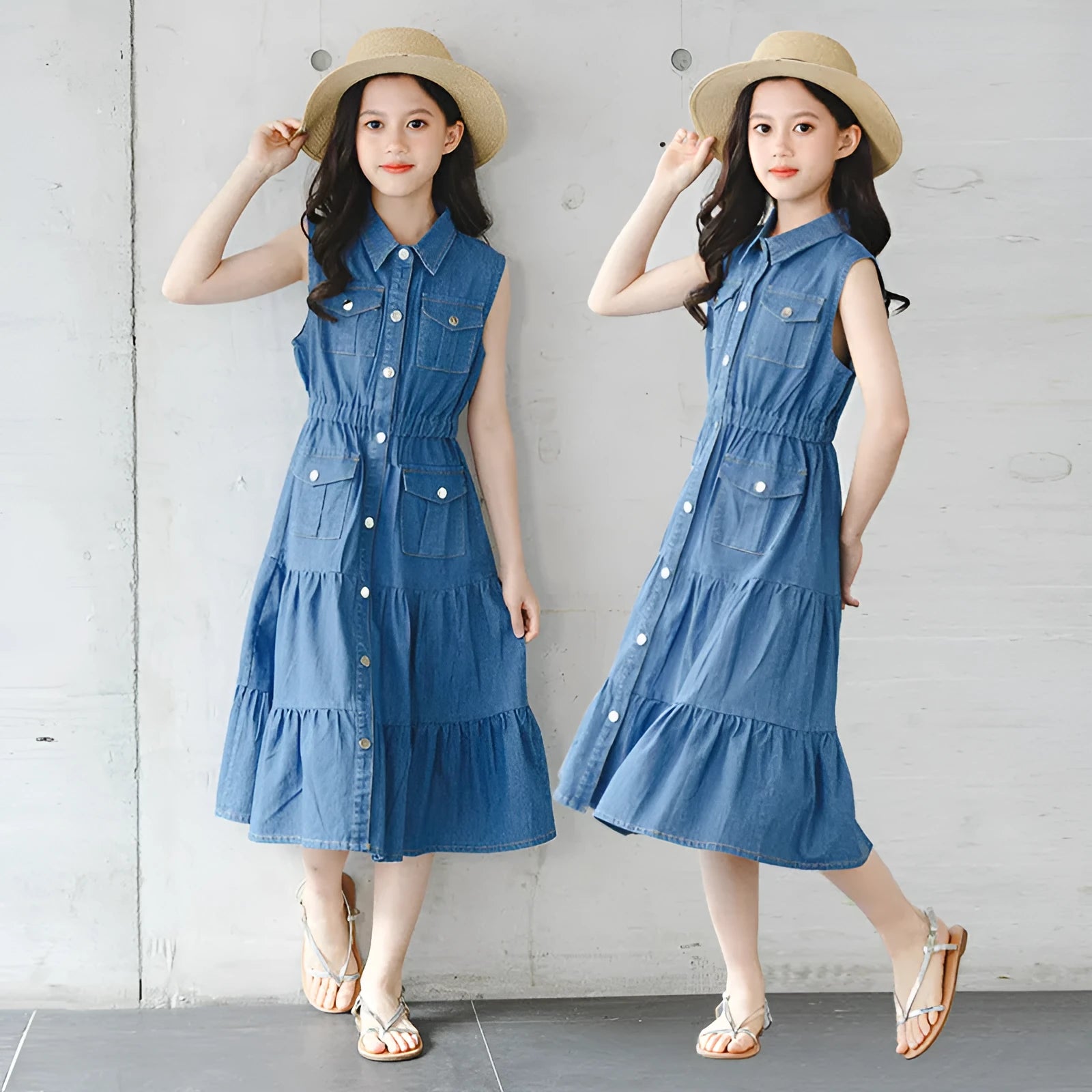 Blue denim blouse collar vest dress for girls with button front, cotton fabric, suitable for 120-170cm height