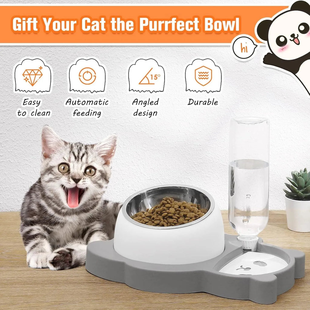 Grey panda-shaped automatic raised pet bowl set with tilted stainless steel bowls and water bottle
