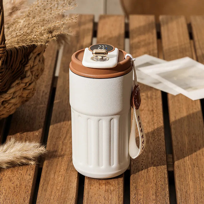 Smart digital thermal bottle 450ml with temperature display, 316 stainless steel liner, available in Fog White Coffee colour