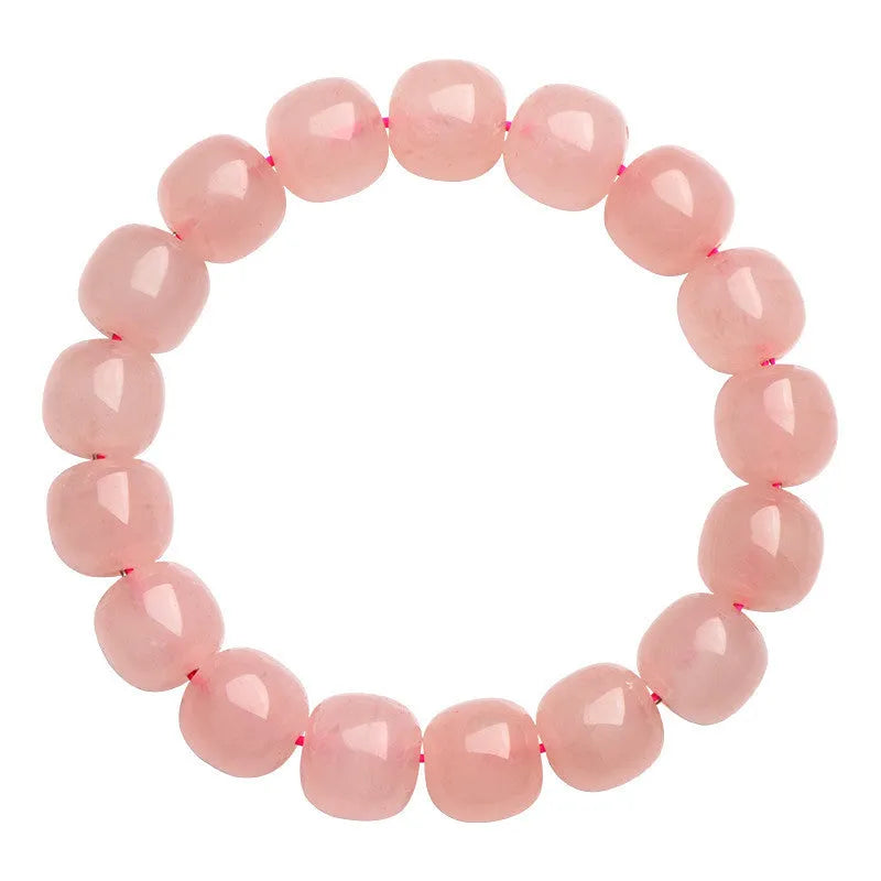 Natural pink crystal barrel bead bracelet with 8x10mm geometric polished beads