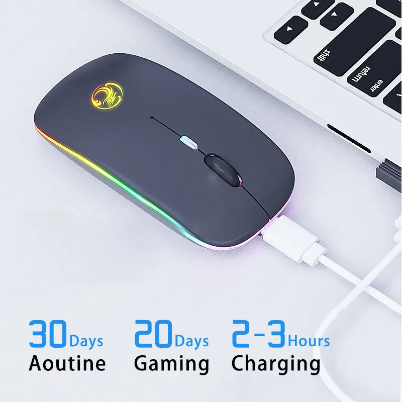 Dual-mode wireless silent mouse with luminous charging indicator in black or white colour options