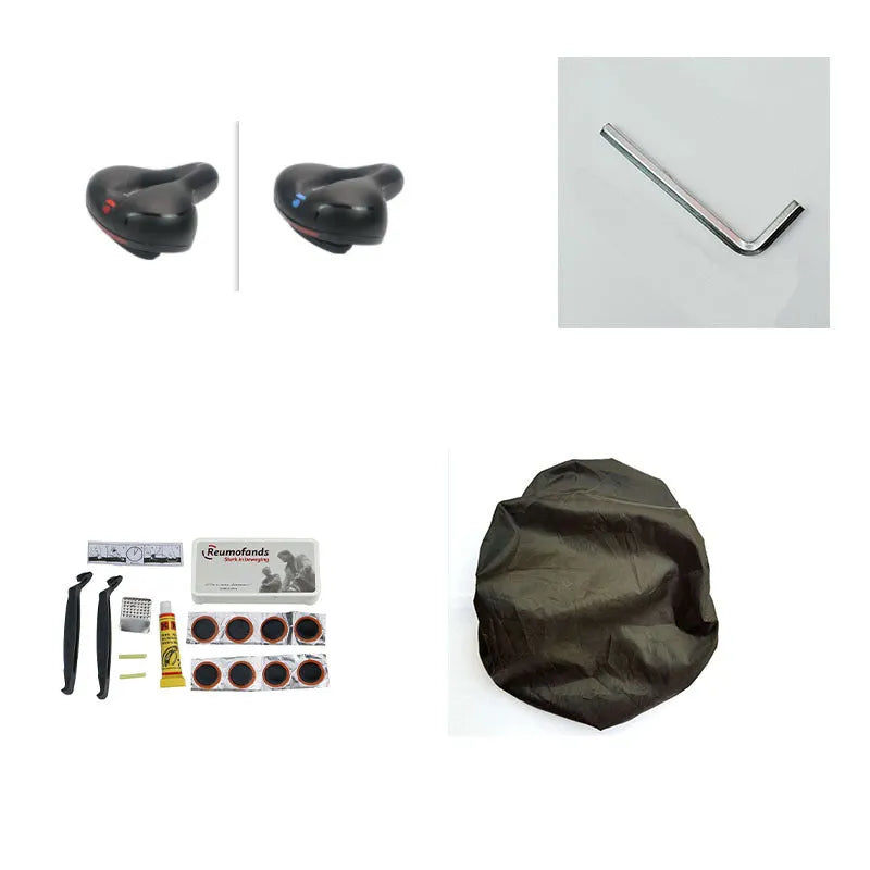 Bicycle saddle cushion with PU leather cover, shown with waterproof cover, wrench, and tire patch kit.