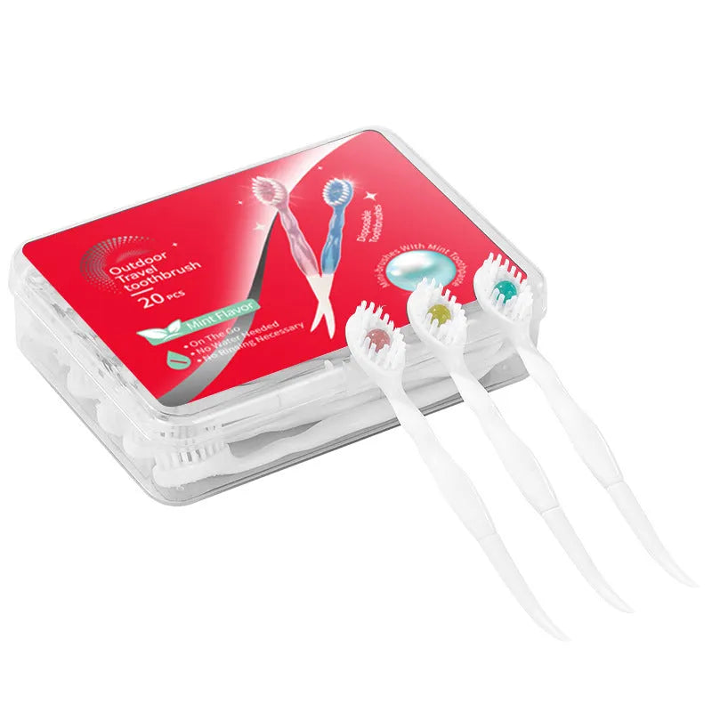 Box of 20 disposable bead toothbrushes for travel, shown with mint and peach flavour options.