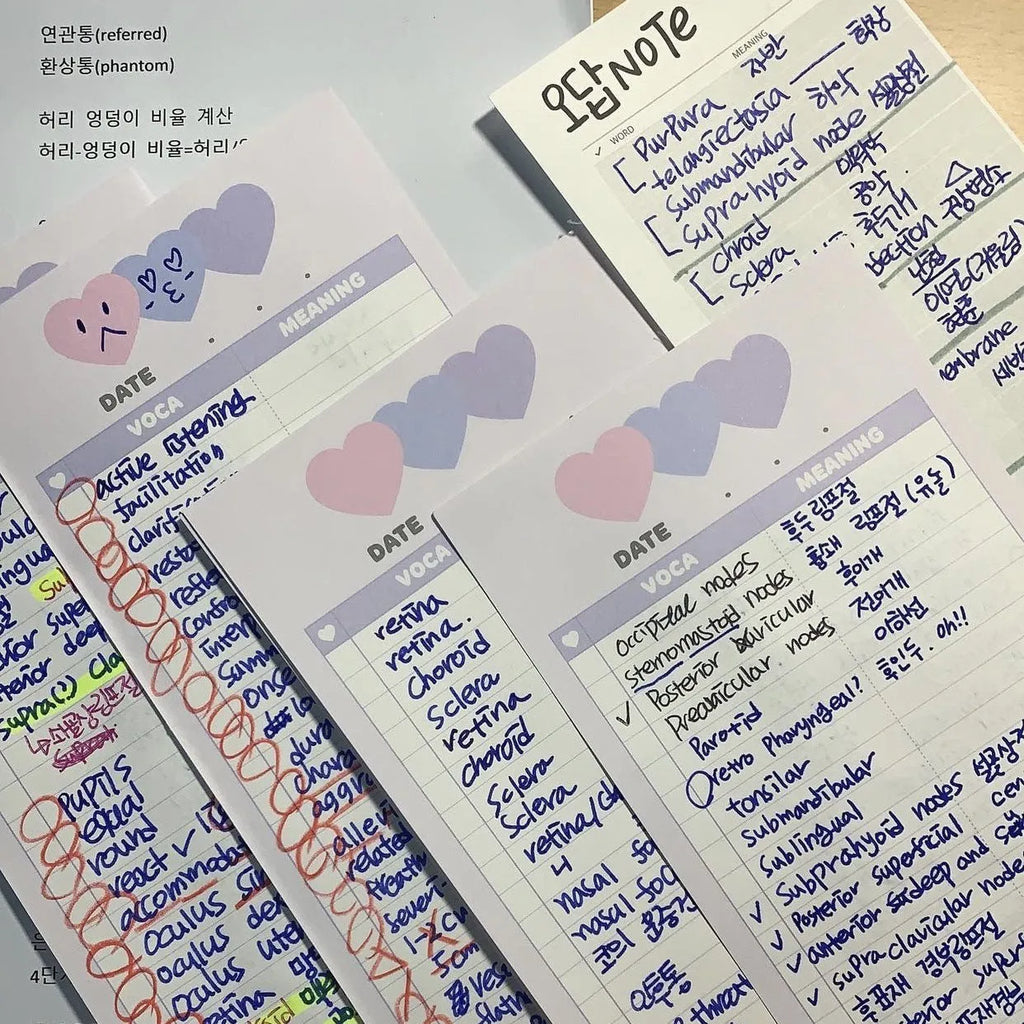 Vertical format B5 half-size notepad with English word printing in pink, purple, or blue cover options