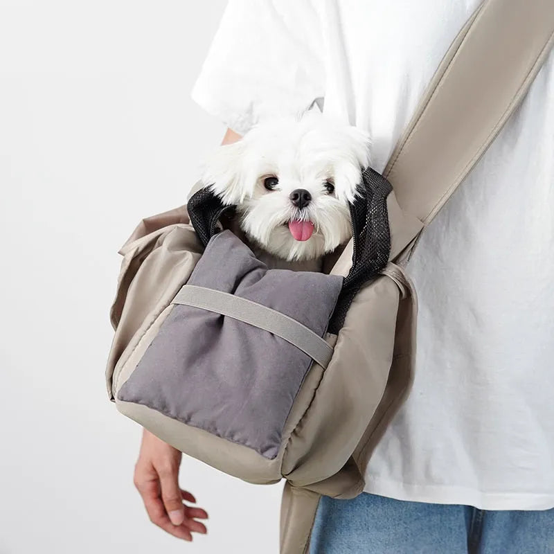 Apricot cloth pet carrier handbag showing 41 cm length and carry handle