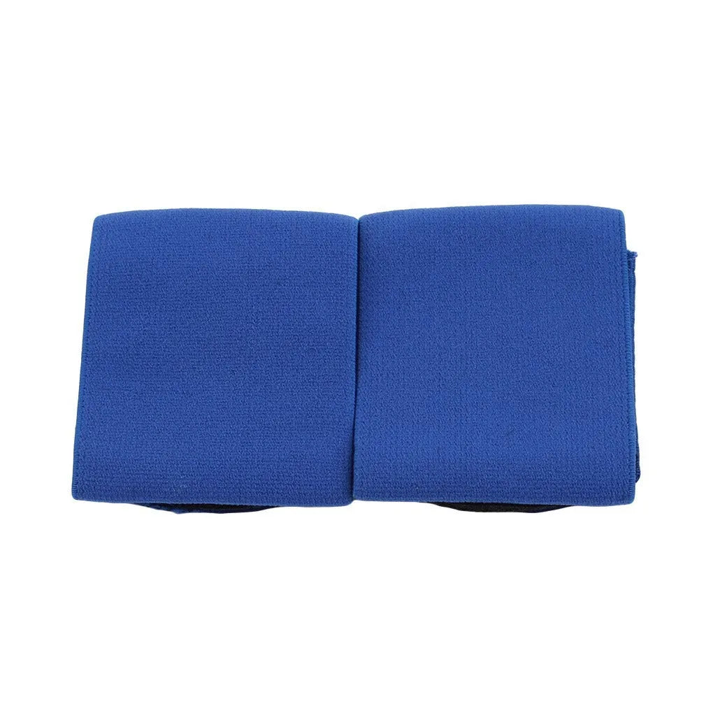 Elastic rubber shin guard strap for football and sports in red, blue, black, white colours.