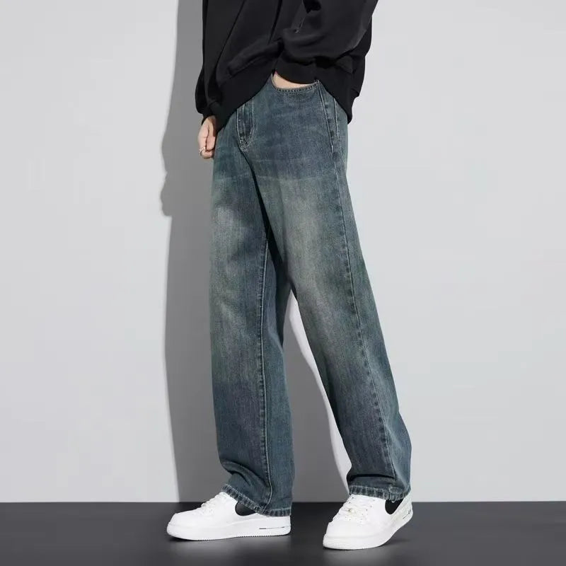 Retro nostalgic straight jeans for men in retro blue colour, cotton fabric, straight leg cut